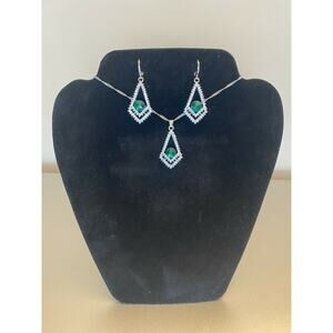Silver GREEN EMERALD Rhinestone Gemstone Cubic Zirconia Necklace Earrings Set